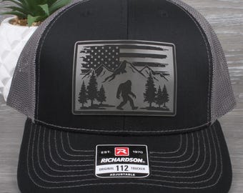 Sasquatch USA Mountains Patch on a Richardson 112 Trucker Snapback Hat