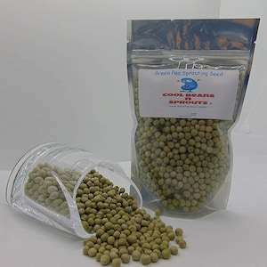 May include: A clear plastic bag filled with green pea sprouting seeds. The bag is labeled "Green Pea Sprouting Seed" and "Cool Beans n Sprouts".
