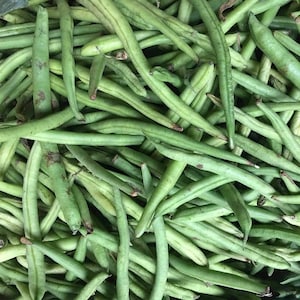 May include: A close-up image of a bunch of fresh green string beans.