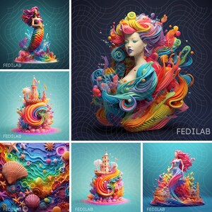 6 PNG- und 1 PSD-Dateien, 3D Bunte Regenbogensirene und Ocean Tumbler Wraps Bundle
