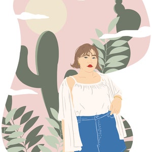 May include: Illustration of a person in a white top and blue shorts, set against a pink and green desert landscape with a cactus and foliage. The person has short brown hair and red lipstick. A brown bag is in the person's hand.