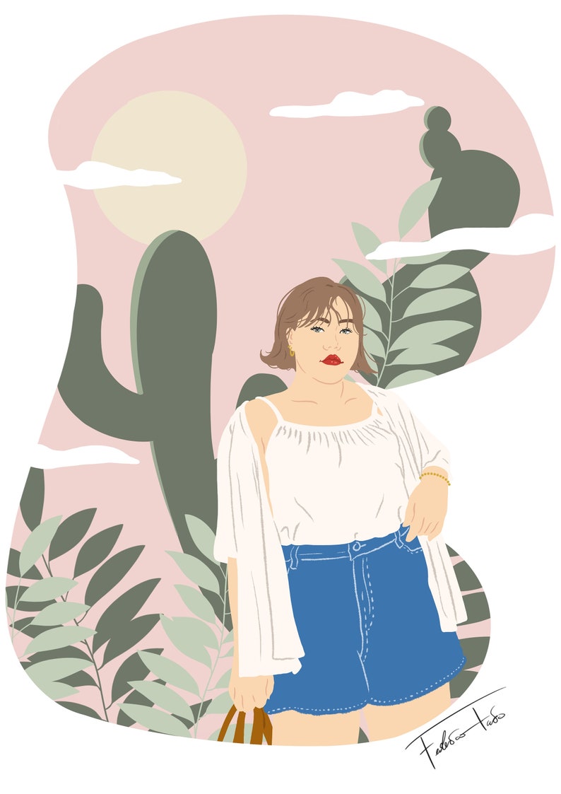 May include: Illustration of a person in a white top and blue shorts, set against a pink and green desert landscape with a cactus and foliage. The person has short brown hair and red lipstick. A brown bag is in the person's hand.
