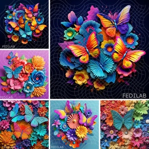 6 PNG and 1 PSD files, 3D Colorful Rainbow Flowers and Butterflies Tumbler Wraps Bundle