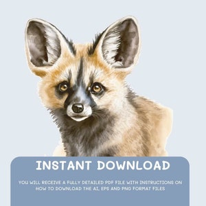 Bat-eared fox Watercolor,Digital Downloads, Bat-eared fox Clipart, PNG,EPSand Vector,wall art, prints,Sublimation