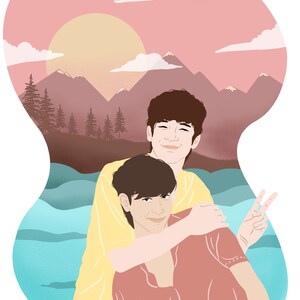 May include: Digital illustration of two people embracing, set against a backdrop of mountains, trees, and a sunset. One person wears a yellow shirt, the other a red shirt, and is giving a peace sign. The artwork has a soft, textured style.