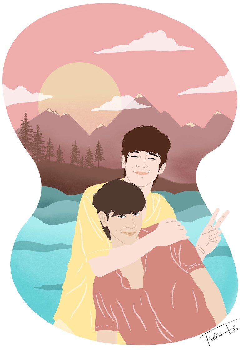 May include: Digital illustration of two people embracing, set against a backdrop of mountains, trees, and a sunset. One person wears a yellow shirt, the other a red shirt, and is giving a peace sign. The artwork has a soft, textured style.