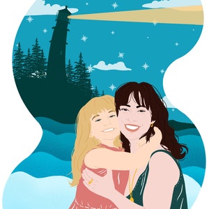 May include: Digital illustration of a mother and child embracing, set against a night scene with a lighthouse, trees, and stars. The mother wears a dark green dress, and the child wears a pink dress. The background features a blue sky and ocean waves.