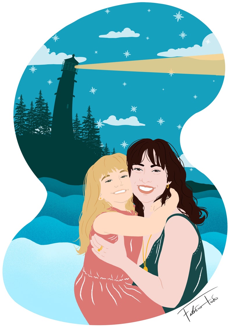 May include: Digital illustration of a mother and child embracing, set against a night scene with a lighthouse, trees, and stars. The mother wears a dark green dress, and the child wears a pink dress. The background features a blue sky and ocean waves.