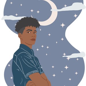 May include: Digital illustration of a person with dark skin, curly hair, and a blue shirt, arms crossed. The background features a crescent moon, stars, and clouds in shades of blue and white. The artist's signature is in the bottom right corner.