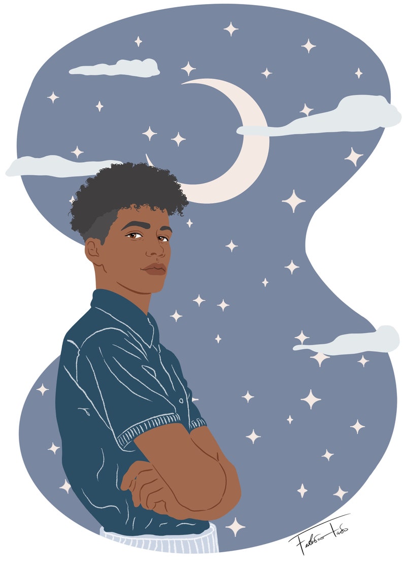 May include: Digital illustration of a person with dark skin, curly hair, and a blue shirt, arms crossed. The background features a crescent moon, stars, and clouds in shades of blue and white. The artist's signature is in the bottom right corner.