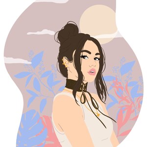 May include: Digital illustration of a person with dark hair styled in a bun, wearing a white top and a black choker with gold accents. The background features a soft color palette with floral and cloud elements.
