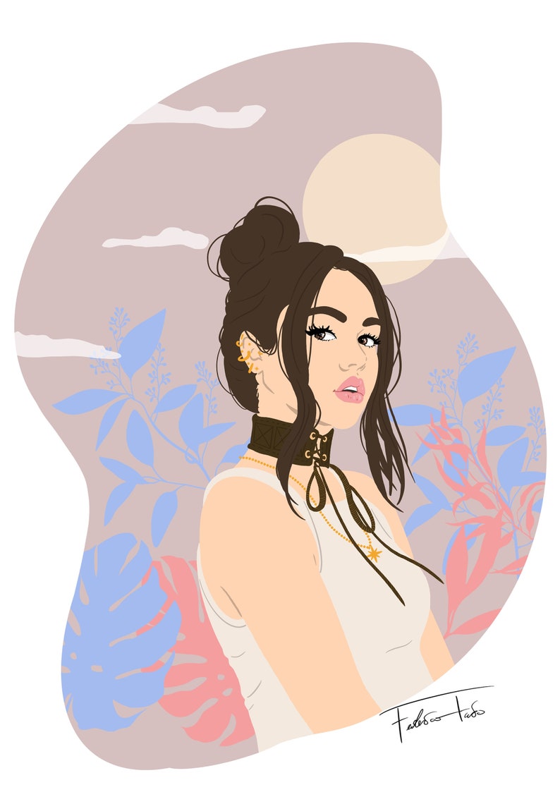 May include: Digital illustration of a person with dark hair styled in a bun, wearing a white top and a black choker with gold accents. The background features a soft color palette with floral and cloud elements.