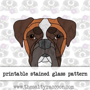 May include: Printable stained glass pattern of a brown and white boxer dog's face. The pattern is on a white background with a repeating pattern of raccoons and flowers.