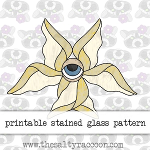 May include: Printable stained glass pattern featuring a stylized flower with a large blue eye in the center. The flower has five petals and is outlined in black. The background is a white pattern of repeating racoons.