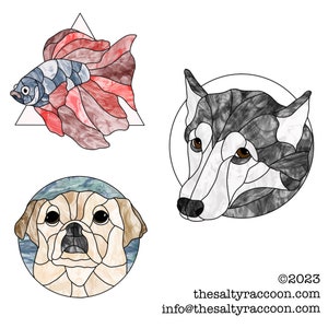 May include: Stained glass style illustrations of a betta fish, a husky dog, and a golden retriever. The fish is in a triangle, the husky in a circle, and the retriever in a circle. The images are in shades of red, blue, grey, and tan.