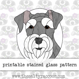 May include: Printable stained glass pattern of a gray and white miniature schnauzer dog. The dog is looking directly at the viewer with a friendly expression. The pattern is in a circle and has a white background.