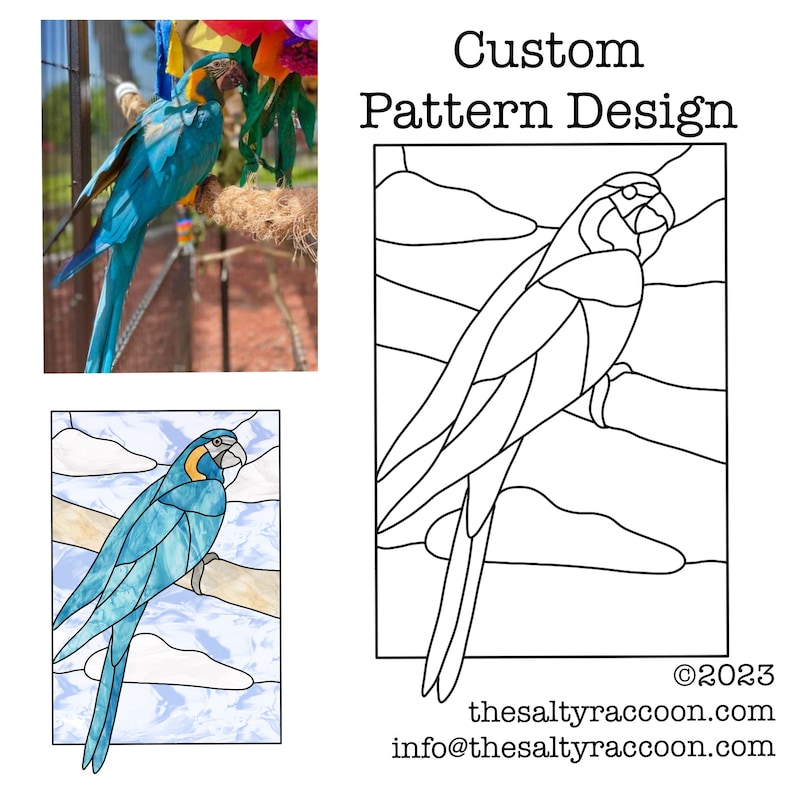 May include: The image shows a custom pattern design featuring a blue and yellow macaw. The design is presented in three ways: a photograph, a stained glass effect, and a line drawing. The text "Custom Pattern Design" is displayed at the top of the image.