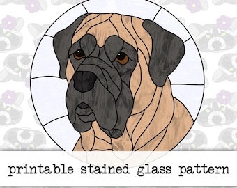 May include: Printable stained glass pattern of a brown and black English Mastiff dog's head. The pattern is in a circle and has a white background.
