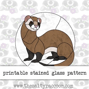 May include: Printable stained glass pattern of a brown and white ferret sitting on its haunches. The pattern is in a circle and has a white background. The text "printable stained glass pattern" is at the bottom of the image. The text "www.thesaltyraccoon.com" is at the bottom of the image.