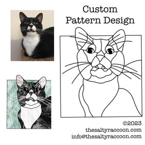 May include: An image showcasing a black and white cat with a custom pattern design. The design includes a photograph of the cat, a stained glass-style illustration, and a line drawing. The text "Custom Pattern Design" is displayed above the illustrations. The image also includes the website address and copyright information.