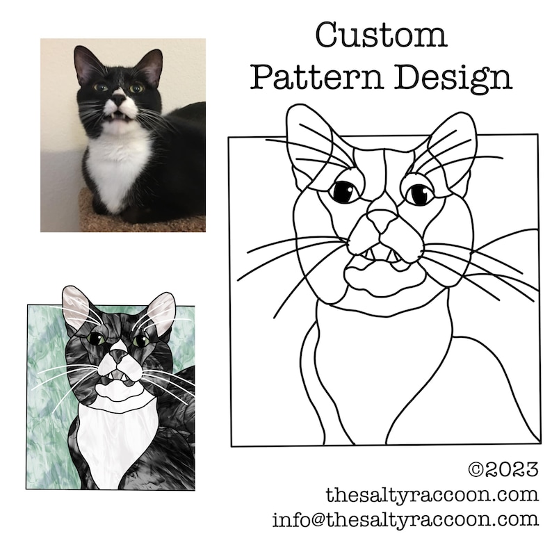 May include: An image showcasing a black and white cat with a custom pattern design. The design includes a photograph of the cat, a stained glass-style illustration, and a line drawing. The text "Custom Pattern Design" is displayed above the illustrations. The image also includes the website address and copyright information.