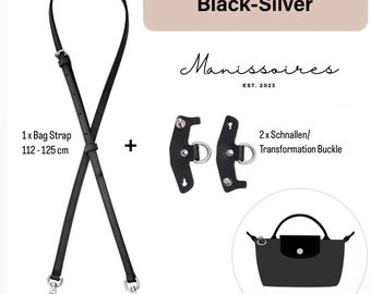 Strap Kit Set of 3 BLACK SILVER - Cowhide leather shoulder strap compatible with Longchamp Le Pliage Mini - Shipping from Germany