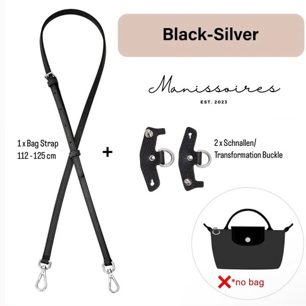 Strap Kit Set of 3 BLACK SILVER - Cowhide leather shoulder strap compatible with Longchamp Le Pliage Mini - Shipping from Germany