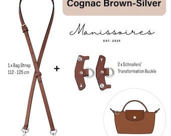 Strap Kit Set of 3 BROWN SILVER - Shoulder strap compatible with Longchamp Le Pliage Mini - Leather / Shipping from GERMANY