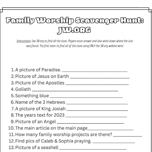 Family Worship Scavenger Hunt Worksheet JW.ORG Worksheet printable JW