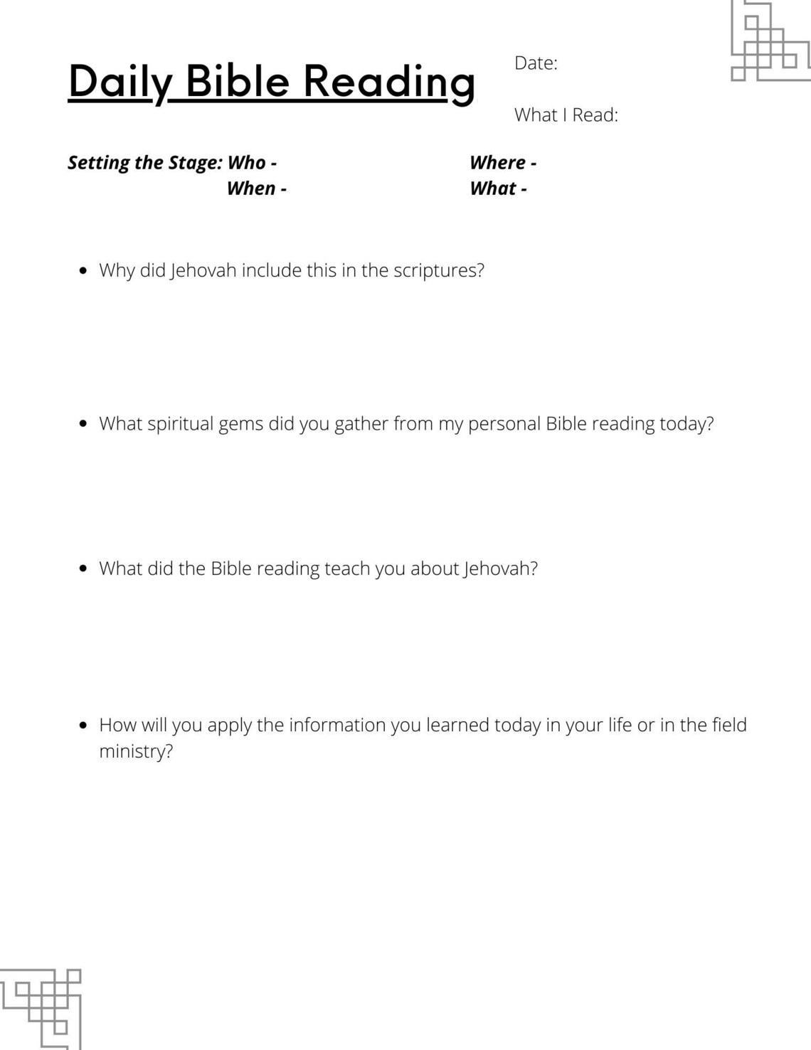 JW Daily Bible Reading Journal Worksheet Personal Study Planner Printable Jehovahs Witnesses Etsy