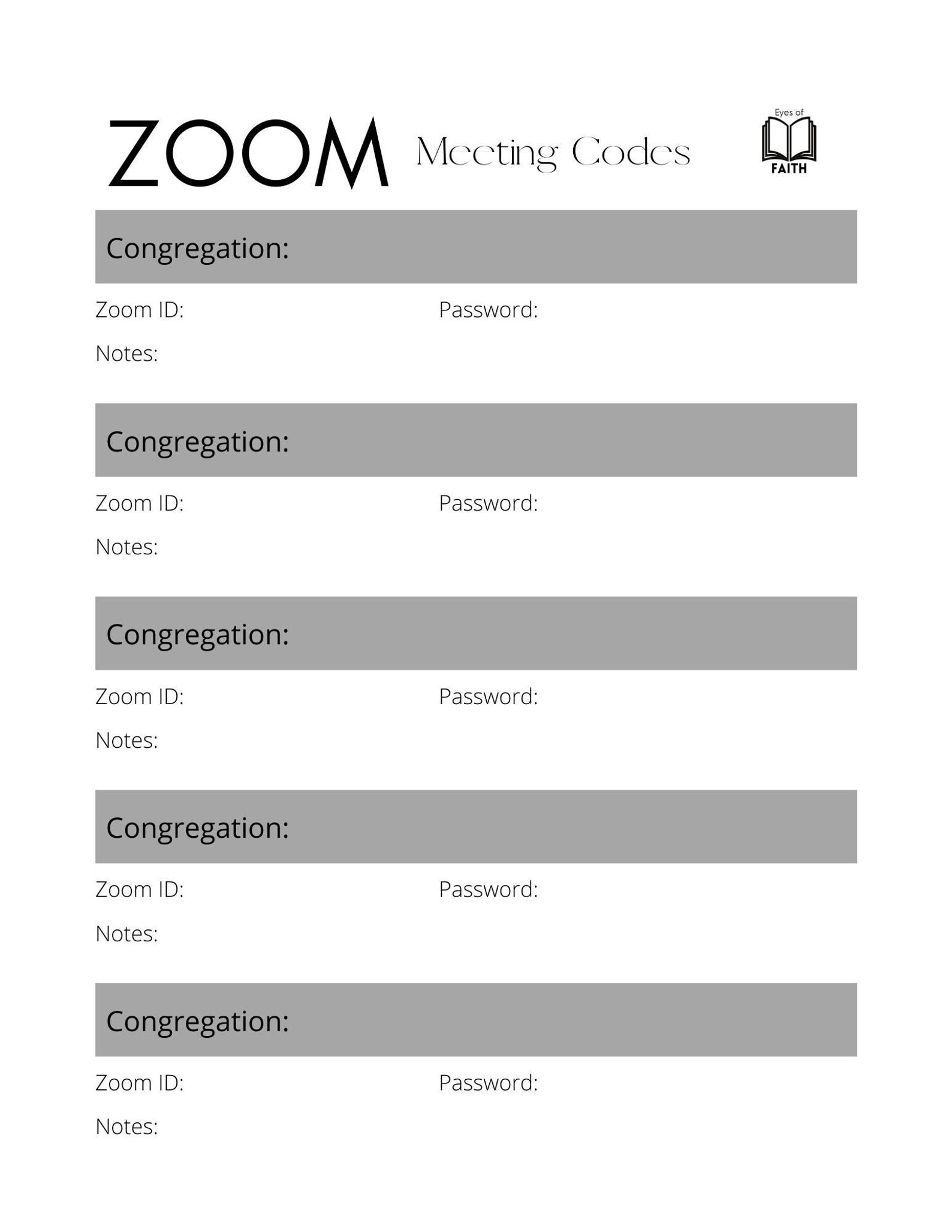 ZOOM Meeting Codes Planner Sheet Printable JW Stationary Etsy
