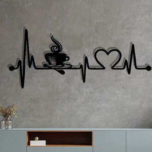 Decoração de café ekg de metal, arte de parede, árvore genealógica, preto, ouro, prata, ideias para presentes, personalizado, vida em casa, mulheres, para crianças, quarto, roupão de banho, quarto, mapa