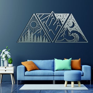 Métal 3 Mountain Wall Art,Carte du monde Décoration intérieure,3 Terre,Passion de l’arbre,Chambre Chante,Idée cadeau,Home Living,Lüx,Intérieur extérieur,Yoga,Noël,Personnalisé