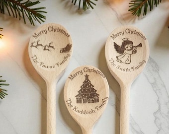 Personalized Wooden Spoon, Custom Engraved Family Name, Holiday Kitchen Decor, Rustic Gift for Bakers