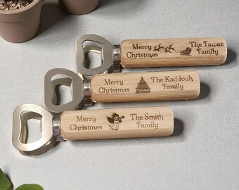 Personalized Bottle Opener with Wooden Handle | Custom Engraved Family Name and Festive Design