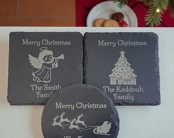 Personalized Slate Coaster Set | Custom Engraved Family Name | Holiday Decor, Round or Square Coasters