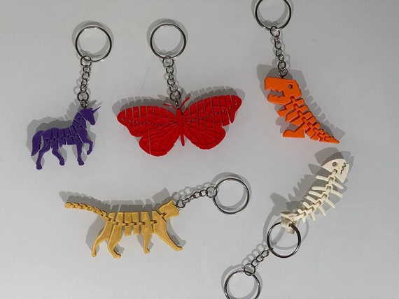 3D Printed Fidget Keychain Articulated Animal & Dinosaur Butterfly Unicorn Fish Miniature Plastic Multicolor Keyring