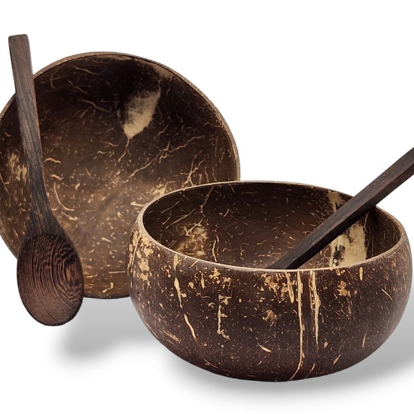 Natural Coconut Bowls and Wooden Spoon Set - Set of 2 Eco-Friendly Dining Essentials