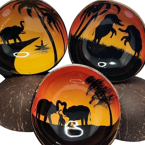 Natural Coconut Bowls  - Set of 2 Eco-Friendly Coconut Bowls - Elephant theme