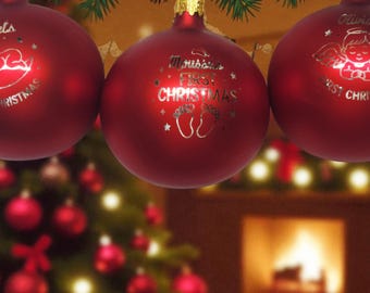 Baby’s First Christmas Ornament, Personalized Red Glass Ball 3.25”  Custom Engraved Keepsake