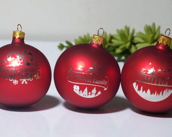 Family Name Christmas Engraved Ornament, Personalized Red Glass Ball 3.25”, Festive Holiday Decoration