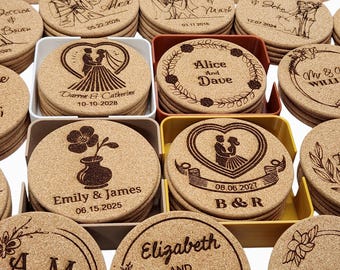 Posavasos de corcho personalizados para bodas y fiestas / Recuerdos personalizados para bebidas y bar, baby showers