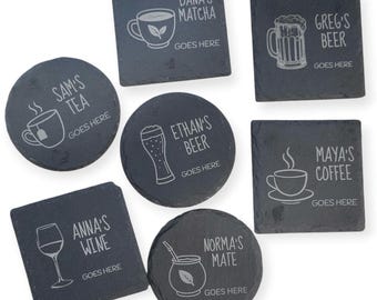 Personalized Slate Coaster | Custom Engraved Name & Drink| Rustic Barware