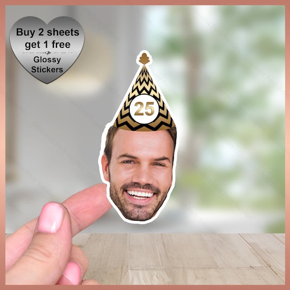 Sheet of Personalised FACE SHAPED Stickers, Birthday Party Hat, Stag Do, Hen Do Party, Custom Photo Selfie Glossy Labels, Hen Accessory