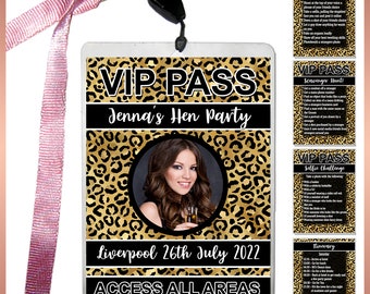 Personalised Lanyard + Badge / Card, Hen Night, Birthday Party, VIP Pass, Hen Festival, scavenger hunt, dare selfie itinerary, Leopard Print