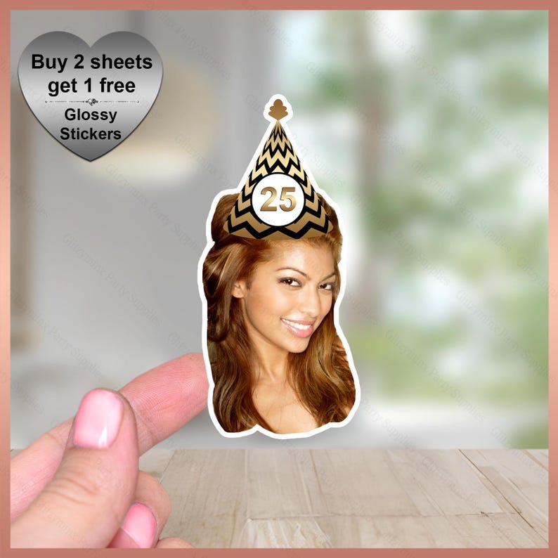 May include: A sticker featuring a woman wearing a gold and black party hat with the number 25. The sticker also includes a heart-shaped graphic with the text "Buy 2 sheets get 1 free" and "Glossy Stickers".