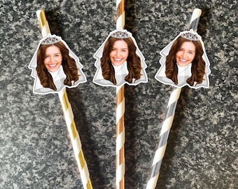 Personalised Photo STRAW TOPPER Tags, Face Cut Out + Glue Dots, Hen Do, Party Decoration Decor, Bride To Be Veil Selfie Straw, Bridal Shower