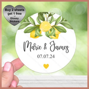 Sheet of Personalised STICKERS Seals, Wedding Engagement Favour, Birthday Party, Hen Night,  Baby Shower Gloss Labels, Lemon Limoncello