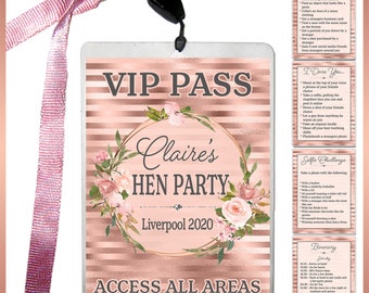 HEN PARTY INVITATIONS Personalised VIP PASS style UK Destination