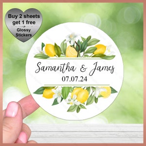 Sheet of Personalised STICKERS Seals, Wedding Engagement Favour, Birthday Party, Hen Night,  Baby Shower Gloss Labels, Lemons Limoncello